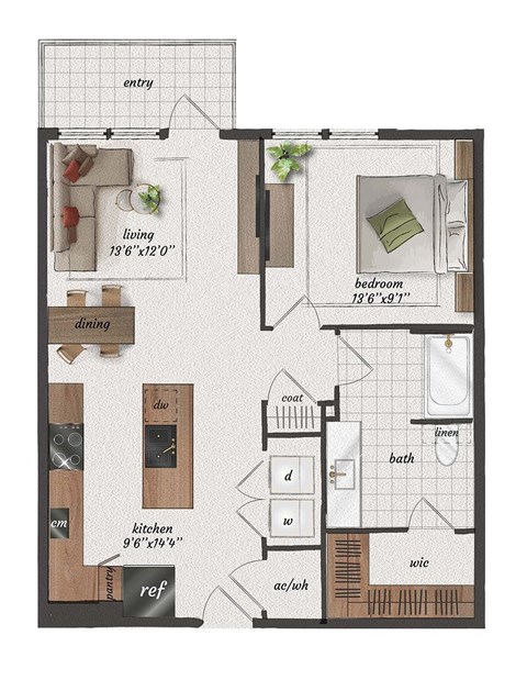 1 Bedroom, 1 Bathroom, 810 Square Feet - A5-LW Floorplan at St. Elmo Apartments in Austin, TX